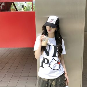 Sweet Cool Kitty Cartoon Print Short Sleeve T-Shirt for Women - Summer 2025 Slim Fit Casual Top, Cute Y2K Style