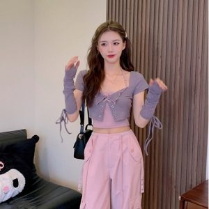 Sweet Cool Spicy Girl Halter Neck Short Sleeve Cardigan and Crop Top Two-Piece Set - Unique Korean Style Women's Fashion