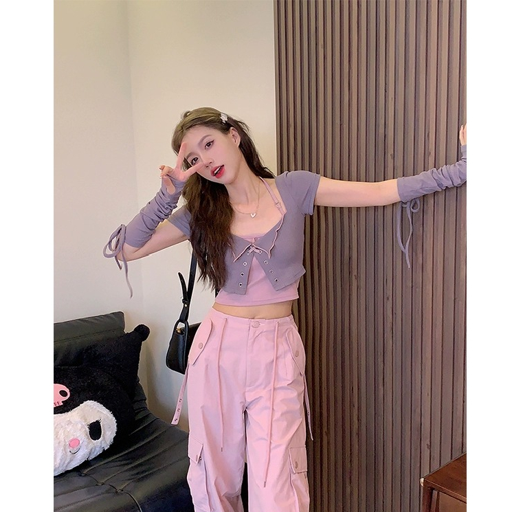 Sweet Cool Spicy Girl Halter Neck Short Sleeve Cardigan and Crop Top Two-Piece Set - Unique Korean Style Women's Fashion