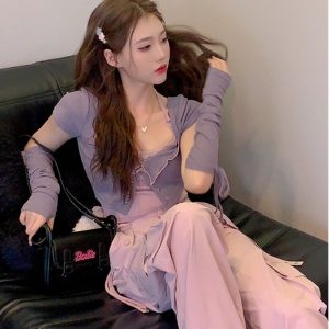 Sweet Cool Spicy Girl Halter Neck Short Sleeve Cardigan and Crop Top Two-Piece Set - Unique Korean Style Women's Fashion