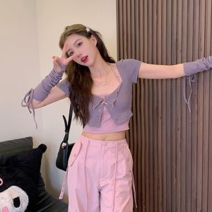 Sweet Cool Spicy Girl Halter Neck Short Sleeve Cardigan and Crop Top Two-Piece Set - Unique Korean Style Women's Fashion