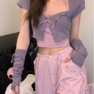 Sweet Cool Spicy Girl Halter Neck Short Sleeve Cardigan and Crop Top Two-Piece Set - Unique Korean Style Women's Fashion