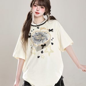 Sweet Floral Lace Print Short-Sleeve T-Shirt for Women, Slim Fit Summer 2025 Cute Half-Sleeve Top, Perfect for Y2K Style