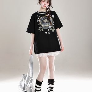 Sweet Floral Lace Print Short-Sleeve T-Shirt for Women, Slim Fit Summer 2025 Cute Half-Sleeve Top, Perfect for Y2K Style