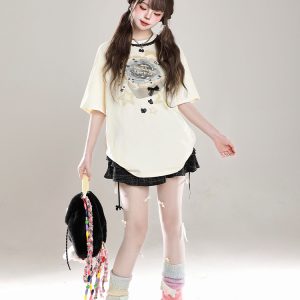 Sweet Floral Lace Print Short-Sleeve T-Shirt for Women, Slim Fit Summer 2025 Cute Half-Sleeve Top, Perfect for Y2K Style