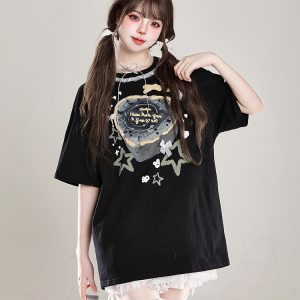 Sweet Floral Lace Print Short-Sleeve T-Shirt for Women, Slim Fit Summer 2025 Cute Half-Sleeve Top, Perfect for Y2K Style