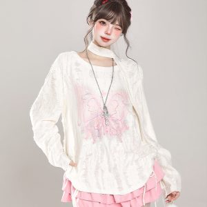 Sweet Girl Butterfly Embroidery Long Sleeve T-Shirt Sun Protection Cover-Up for Women - Spring Summer Loose Top for Lazy Style