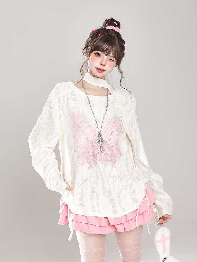 Sweet Girl Butterfly Embroidery Long Sleeve T-Shirt Sun Protection Cover-Up for Women - Spring Summer Loose Top for Lazy Style Sweet Girl Butterfly Embroidery Long Sleeve T-Shirt Sun Protection Cover-Up for Women - Spring Summer Loose Top for Lazy Style