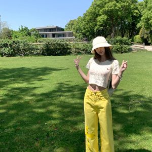 Sweet Orange Soda Short Sleeve Knitted Top - Women's Summer Round Neck T-Shirt, Regular Shoulder, Dopamine Style, Casual Fashion