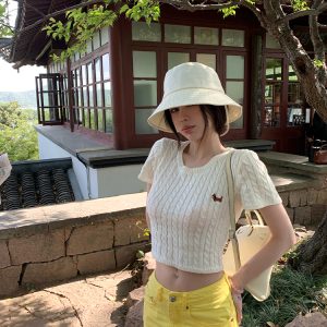 Sweet Orange Soda Short Sleeve Knitted Top - Women's Summer Round Neck T-Shirt, Regular Shoulder, Dopamine Style, Casual Fashion