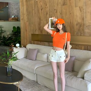 Sweet Orange Soda Short Sleeve Knitted Top - Women's Summer Round Neck T-Shirt, Regular Shoulder, Dopamine Style, Casual Fashion