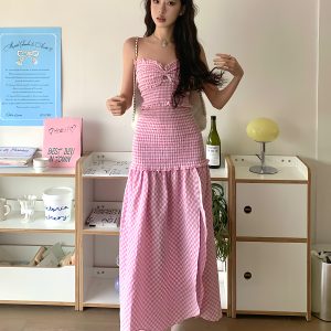 Sweet Pink Checkered Strapless Fitted Dress - High-End Feel, Niche Design, Hot Girl Style, Trendy 90s Inspired Fashion