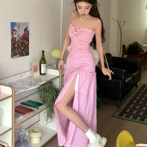 Sweet Pink Checkered Strapless Fitted Dress - High-End Feel, Niche Design, Hot Girl Style, Trendy 90s Inspired Fashion