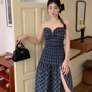 Sweet Pink Checkered Strapless Fitted Dress - High-End Feel, Niche Design, Hot Girl Style, Trendy 90s Inspired Fashion