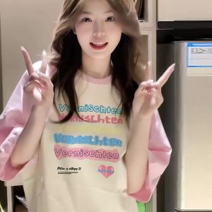 Sweet Pink Shoulder-Split Short Sleeve T-Shirt for Summer - Patchwork Style for Girls and Teens