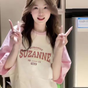 Sweet Pink Shoulder-Split Short Sleeve T-Shirt for Summer - Patchwork Style for Girls and Teens