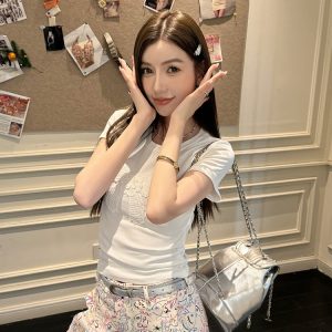 Sweet Round Neck Bow Tie Embroidered Short Sleeve T-Shirt for Women - Light Fabric Slim Fit Summer Top, Perfect for Y2K Style