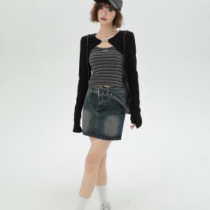 Sweet & Spicy Textured Striped Long-Sleeve Two-Piece Women's Tank Top - American Style Spring Fashion