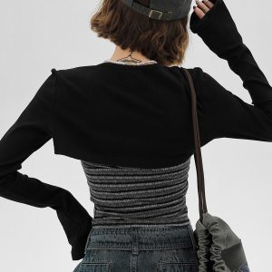 Sweet & Spicy Textured Striped Long-Sleeve Two-Piece Women's Tank Top - American Style Spring Fashion