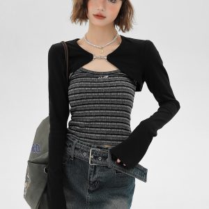 Sweet & Spicy Textured Striped Long-Sleeve Two-Piece Women's Tank Top - American Style Spring Fashion