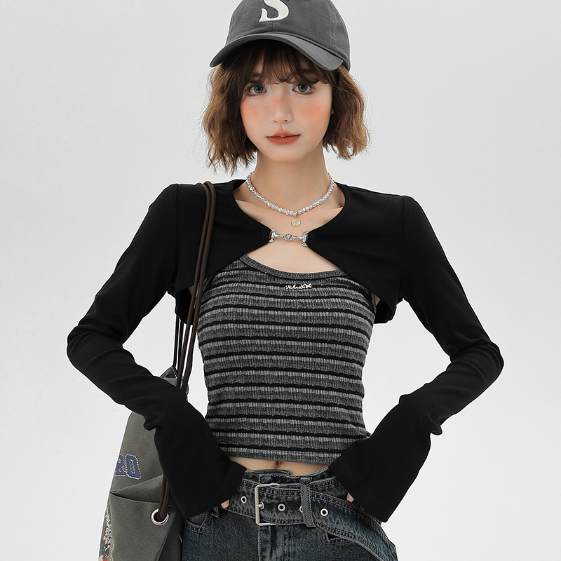 Sweet & Spicy Textured Striped Long-Sleeve Two-Piece Women's Tank Top - American Style Spring Fashion