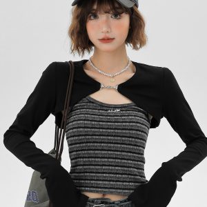 Sweet & Spicy Textured Striped Long-Sleeve Two-Piece Women's Tank Top - American Style Spring Fashion