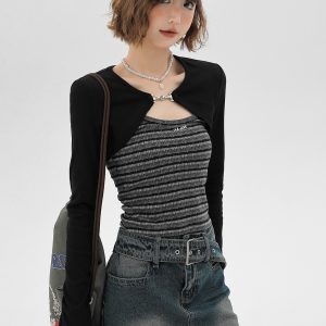 Sweet & Spicy Textured Striped Long-Sleeve Two-Piece Women's Tank Top - American Style Spring Fashion