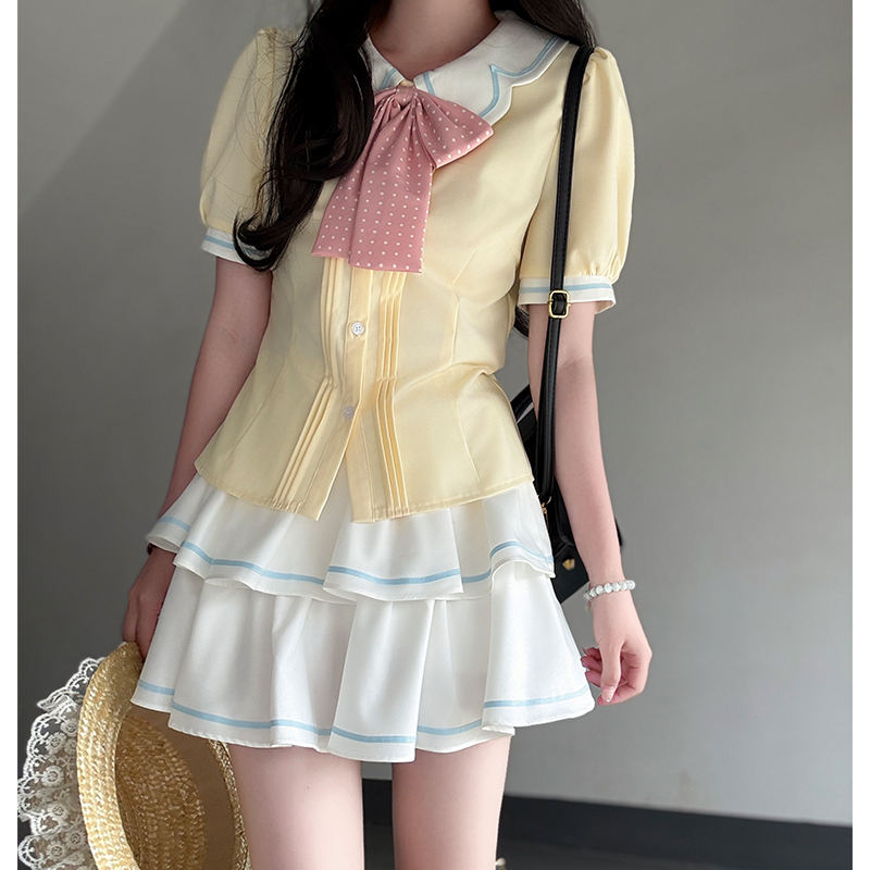 Sweet Style Short Sleeve Sailor Suit Set with Cake Skirt - 2025 Summer Pudding Bear JK Uniform Fashion for Y2K & Korean Style Lovers
