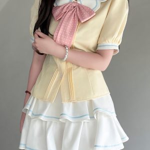 Sweet Style Short Sleeve Sailor Suit Set with Cake Skirt - 2025 Summer Pudding Bear JK Uniform Fashion for Y2K & Korean Style Lovers