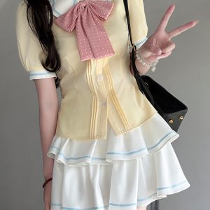 Sweet Style Short Sleeve Sailor Suit Set with Cake Skirt - 2025 Summer Pudding Bear JK Uniform Fashion for Y2K & Korean Style Lovers