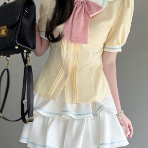 Sweet Style Short Sleeve Sailor Suit Set with Cake Skirt - 2025 Summer Pudding Bear JK Uniform Fashion for Y2K & Korean Style Lovers