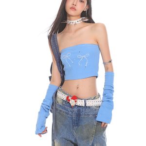 Sweet Style Strapless Crop Top and Sleeve Set with Bowknot, Pearl, and Rhinestone Details – Perfect for Early Autumn Fashion