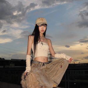 Sweet Style Strapless Crop Top and Sleeve Set with Bowknot, Pearl, and Rhinestone Details – Perfect for Early Autumn Fashion