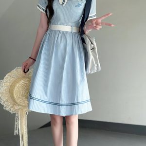 Sweetheart Pudding Bear JK Uniform College Style Dress with Butterfly Collar - Slimming Summer Dress for Women