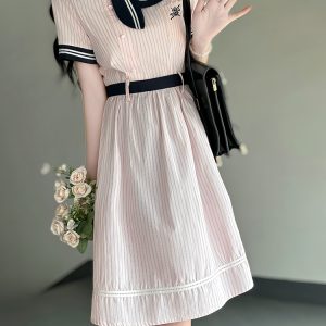Sweetheart Pudding Bear JK Uniform College Style Dress with Butterfly Collar - Slimming Summer Dress for Women