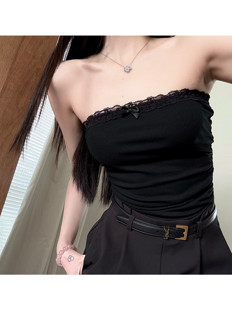 Sweetheart Strapless Lace Trim Slim-Fit Wrap Top - Soft Cheese Fabric, Elegant Inner Layer, Perfect for Y2K and 90s Style Outfits Sweetheart Strapless Lace Trim Slim-Fit Wrap Top - Soft Cheese Fabric, Elegant Inner Layer, Perfect for Y2K and 90s Style Outfits