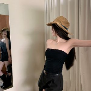 Sweetheart Strapless Lace Trim Slim-Fit Wrap Top - Soft Cheese Fabric, Elegant Inner Layer, Perfect for Y2K and 90s Style Outfits