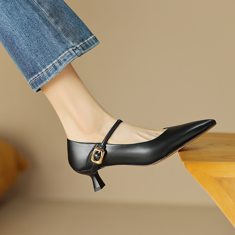 Textured Cowhide Non-Slip Stiletto Heels - 2025 Spring/Summer Pointed Toe Leather Pumps for Elegant Style