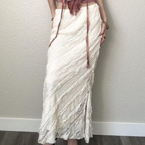 Textured Lace Long Dress for Women - Ethnic Style Vintage High-Slit Fitted Skirt, Perfect for Boho or Y2K Fashion Enthusiasts
