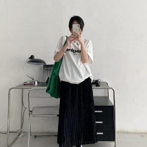 Textured Pleated Midi Skirt for Women - High-Waisted A-Line Design, Loose Fit, Perfect for Spring and Summer Fashion