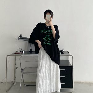 Textured Pleated Midi Skirt for Women - High-Waisted A-Line Design, Loose Fit, Perfect for Spring and Summer Fashion