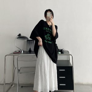 Textured Pleated Midi Skirt for Women - High-Waisted A-Line Design, Loose Fit, Perfect for Spring and Summer Fashion