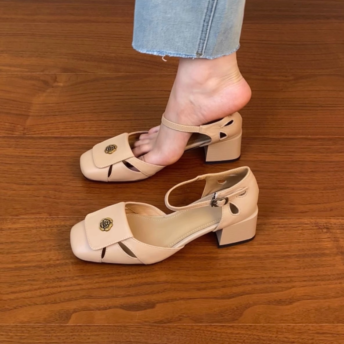 Thick-Heeled Open-Toe Sandals for Women - Hollow Design, Camellia Style, Summer 2025 Trendy High Heels