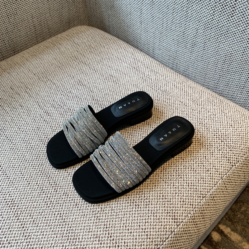 Thick-Heeled Water Drill Slippers for Women, Summer 2025 Mid-Heel Sandals, Stylish One-Word Design for Skirts and Casual Outfits