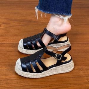 Thick Sole Open-Toe Sandals for Women - Summer 2025 Roman Style Hollow Pig Cage Cowhide Footwear