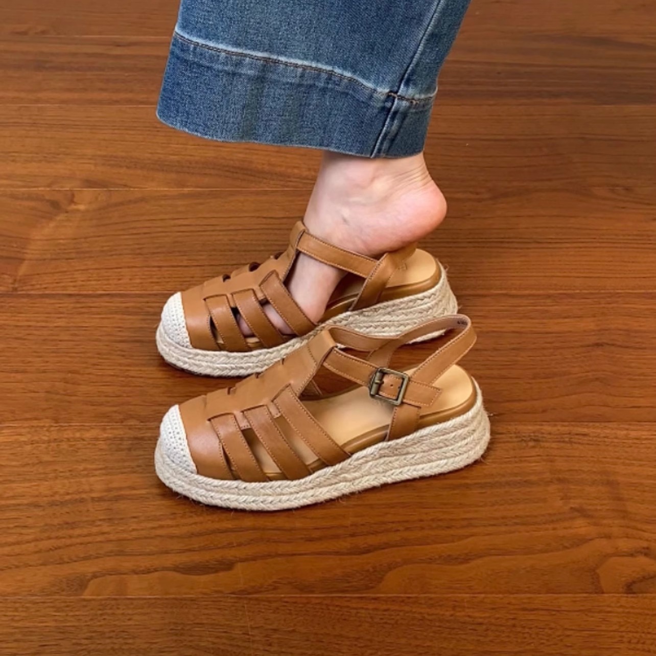 Thick Sole Open-Toe Sandals for Women - Summer 2025 Roman Style Hollow Pig Cage Cowhide Footwear