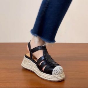 Thick Sole Open-Toe Sandals for Women - Summer 2025 Roman Style Hollow Pig Cage Cowhide Footwear