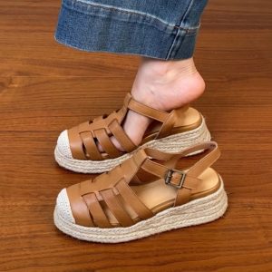 Thick Sole Open-Toe Sandals for Women - Summer 2025 Roman Style Hollow Pig Cage Cowhide Footwear