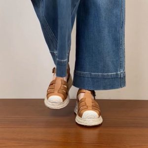 Thick Sole Open-Toe Sandals for Women - Summer 2025 Roman Style Hollow Pig Cage Cowhide Footwear