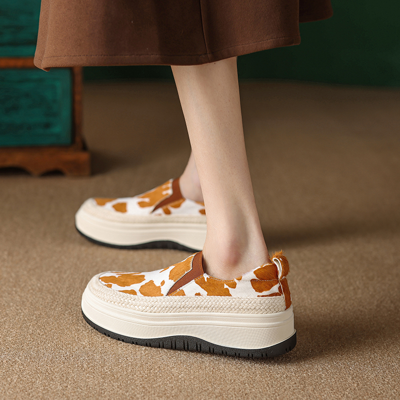 Thick-Soled Color-Blocked Loafers for Women - Genuine Leather, Comfortable Soft Sole, Italian-Style, Horsehair Design